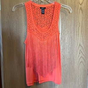 Orange fringe and lace tank top